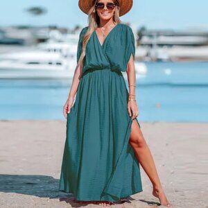 Cupshe Surplice Neck Maxi Dress Size L | NWT | Turquoise | Column Silhou…